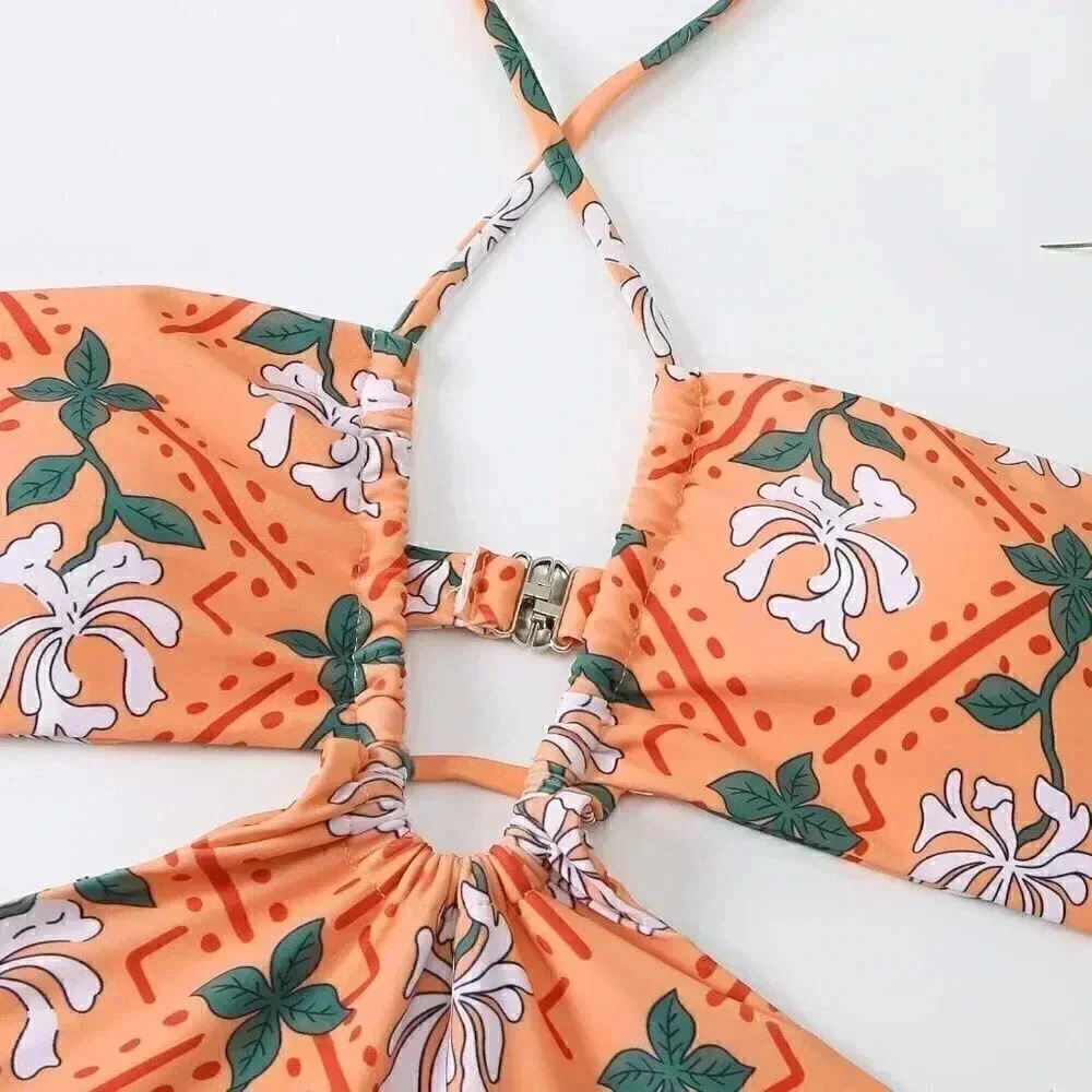 One Piece Swimsuit With Cover Up Sarong, Cut Out Swimsuit With Coverup Sarong - Picture 3 of 6